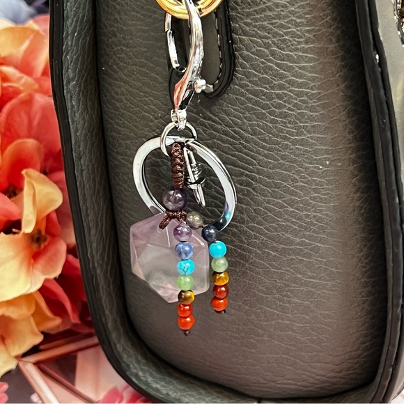Natural Amethyst Hexagon Stone with Rainbow Chakra Keychain Charm - Picture 2 of 16